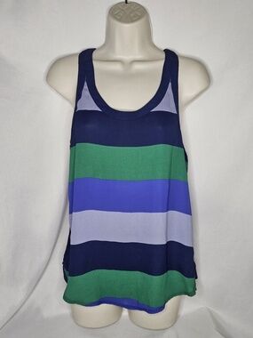 Womens Express Blue Green Stripe Semi Sheer Front Racerback Tank Top Zip Back XS